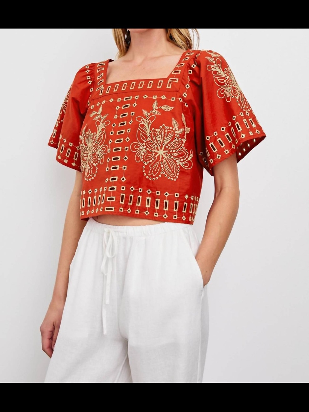 Rails Laine Embroidered Eyelet Square Neck Top Terracotta XS